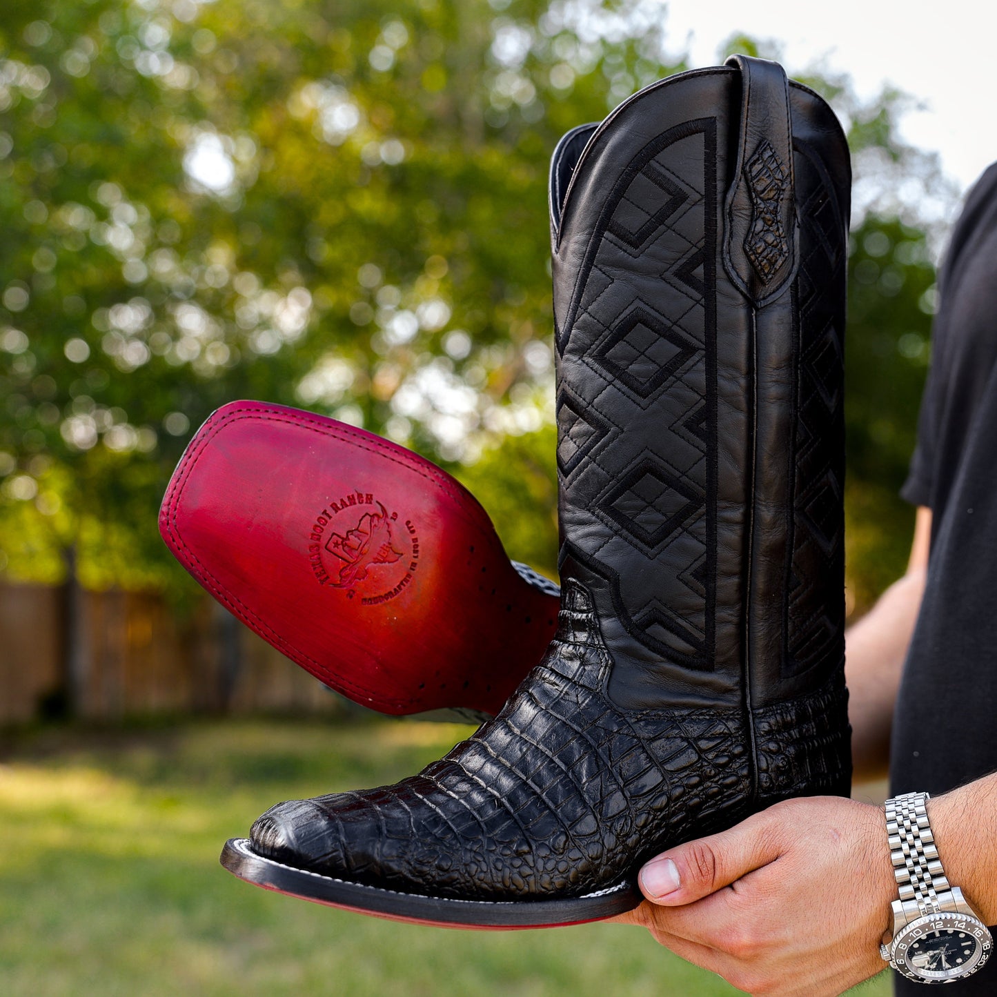 Black Caiman Belly Leather Boots - Square Toe