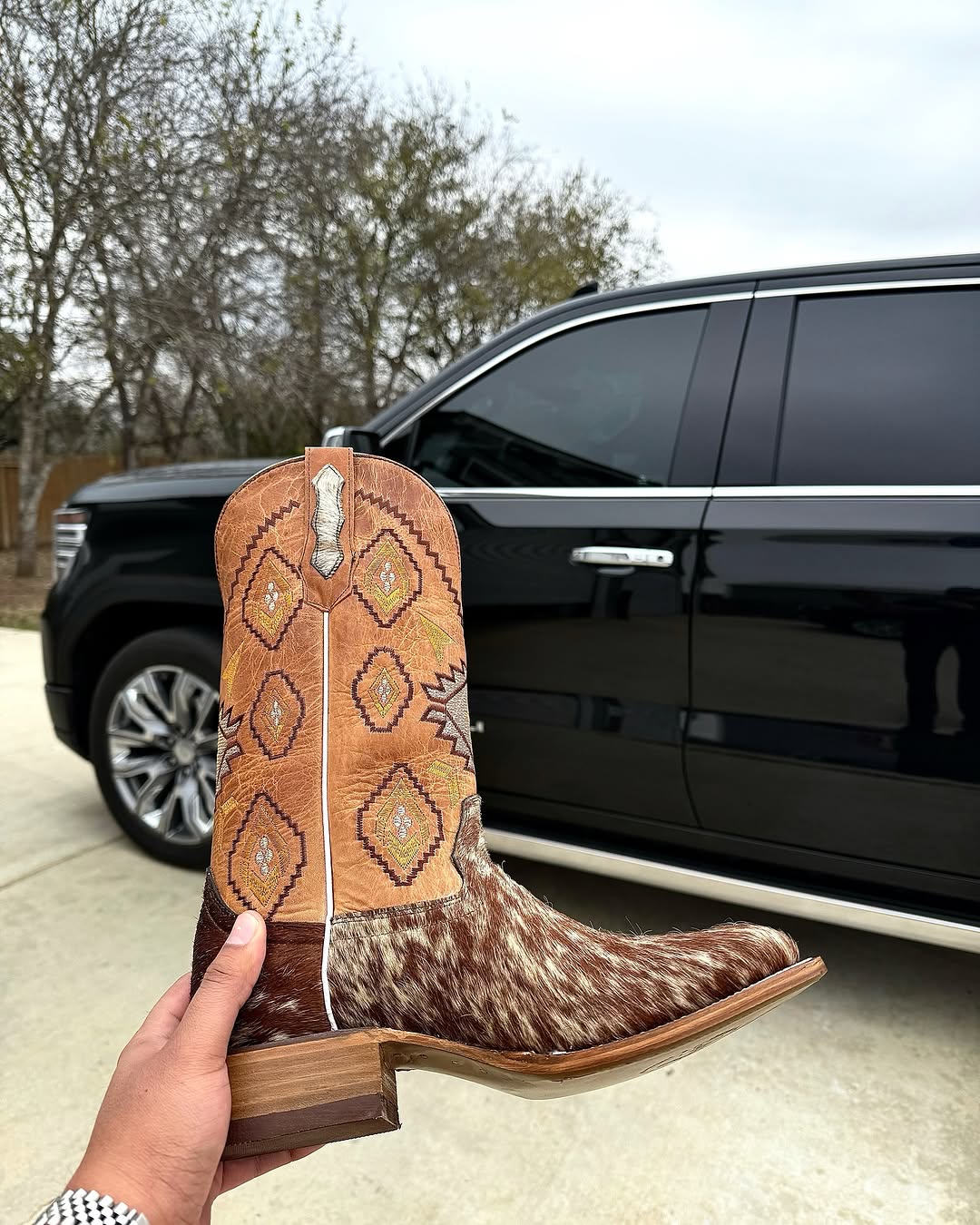 Brown Suede Square Pattern Cowboy Boots
