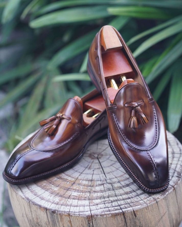 Handmade Dark Brown Leather Tassel Loafers