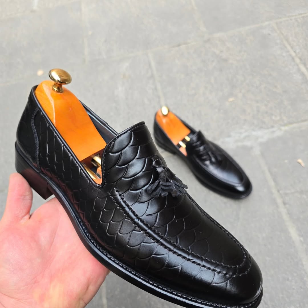 Python Leather Black Tassel Loafers