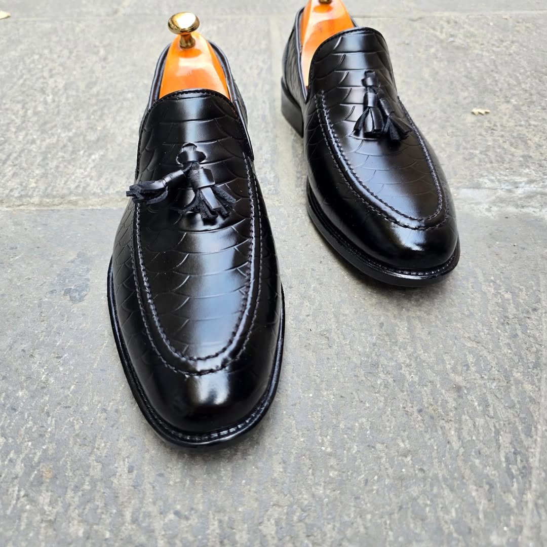 Python Leather Black Tassel Loafers
