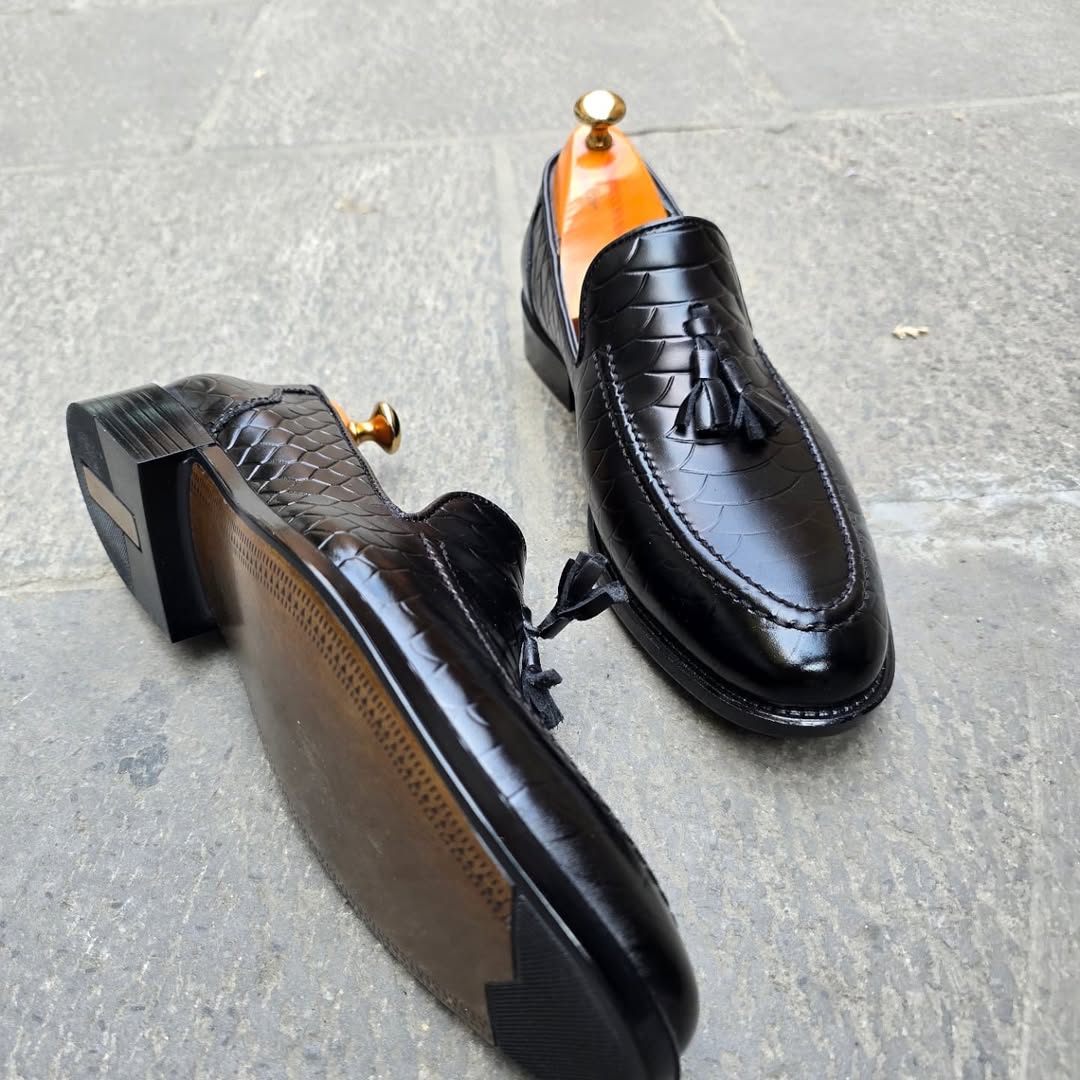 Python Leather Black Tassel Loafers