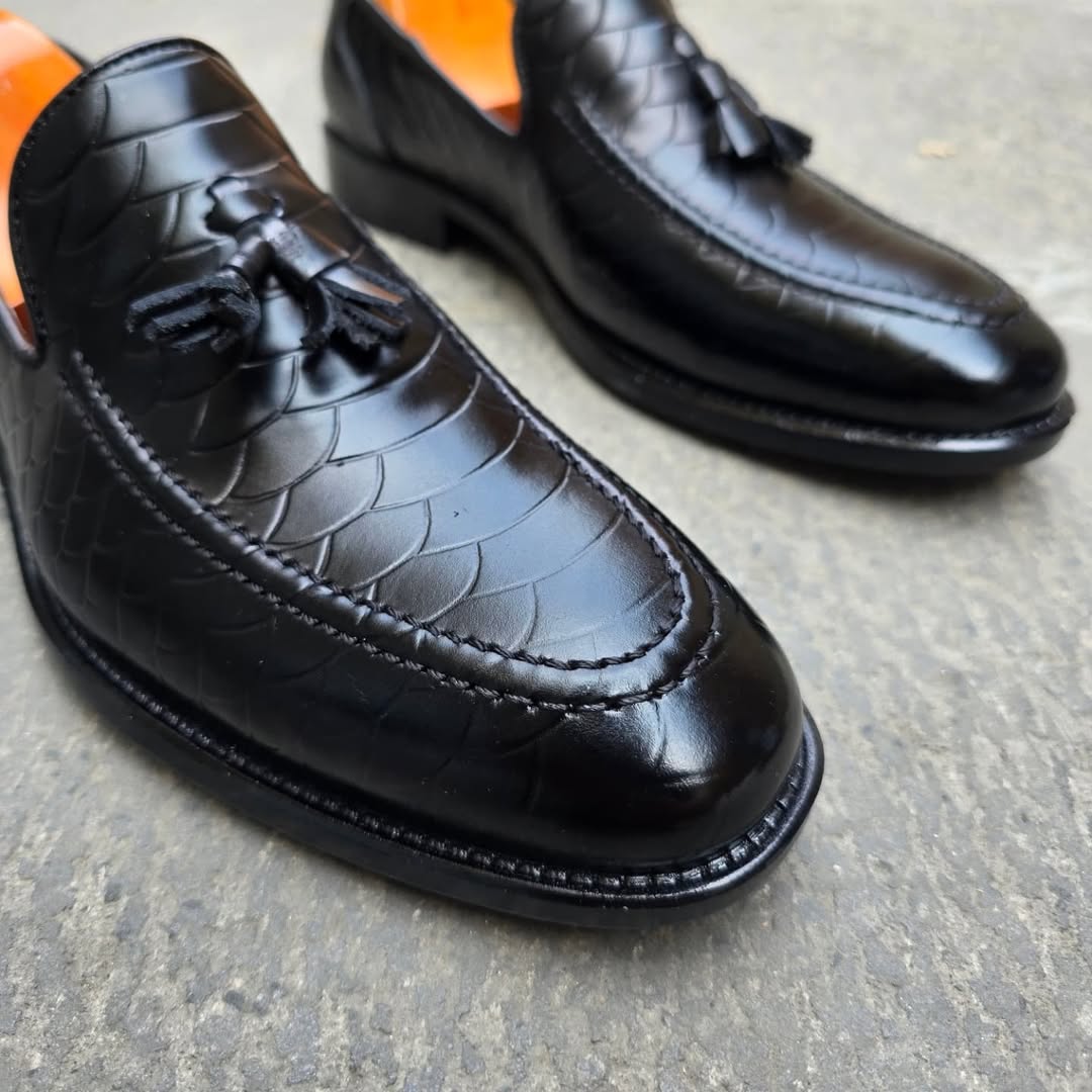 Python Leather Black Tassel Loafers