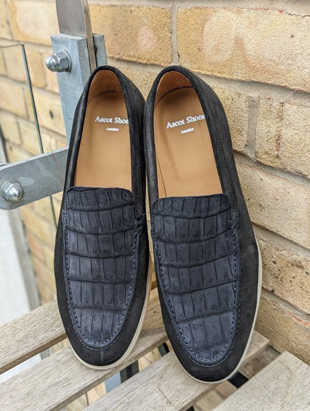 Loafers - Black Suede & Crocodile