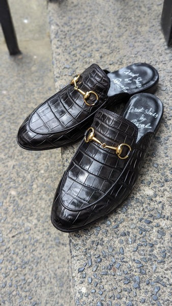 Slippers - Piano Black Crocodile
