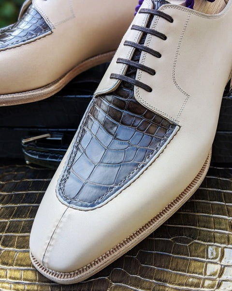 Men's Leather Shoes - Cream Calf & Caviar Alligator