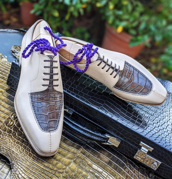 Men's Leather Shoes - Cream Calf & Caviar Alligator