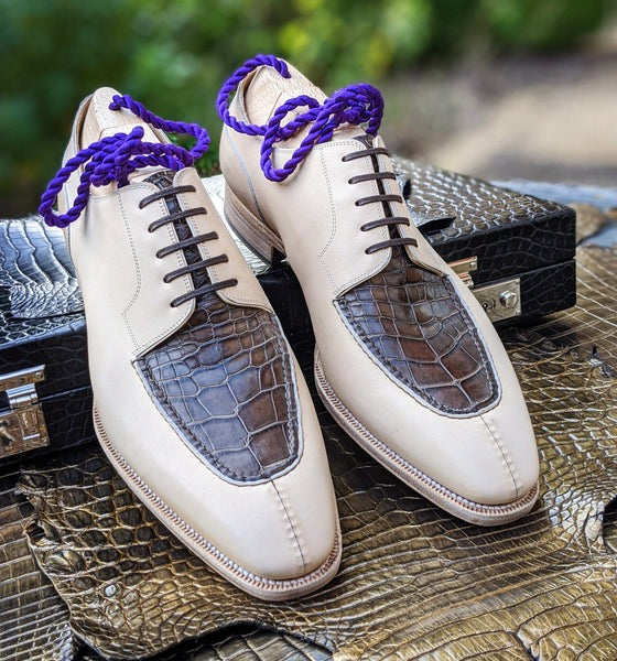 Men's Leather Shoes - Cream Calf & Caviar Alligator