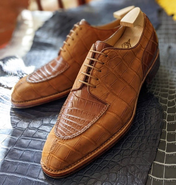 Men's Leather Shoes - Tan Nubuck Alligator & Cognac Crocodile