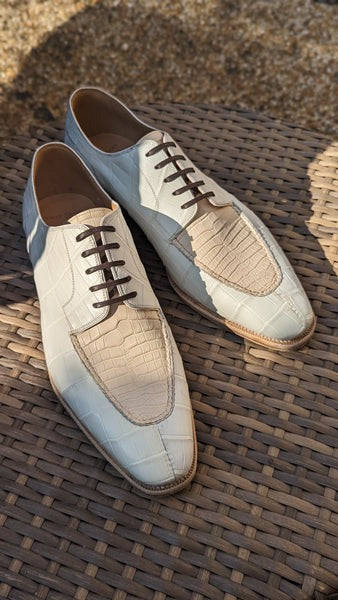 Men's Leather Shoes - White & Cream Crocodile
