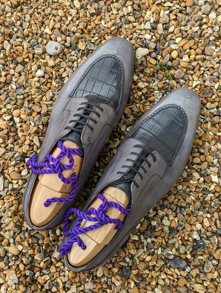 Men's Leather Shoes - Grey Calf & Grey Crocodile