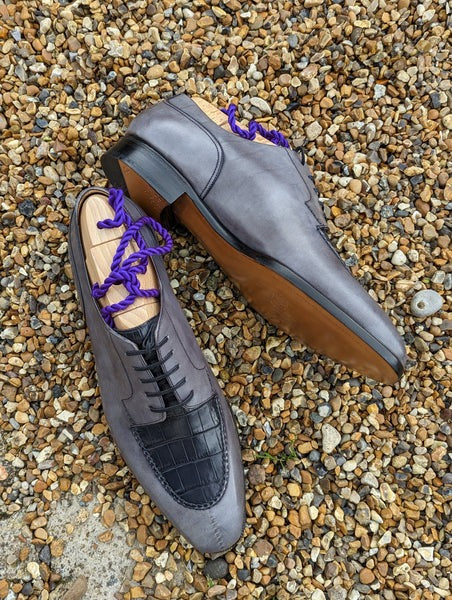 Men's Leather Shoes - Grey Calf & Grey Crocodile