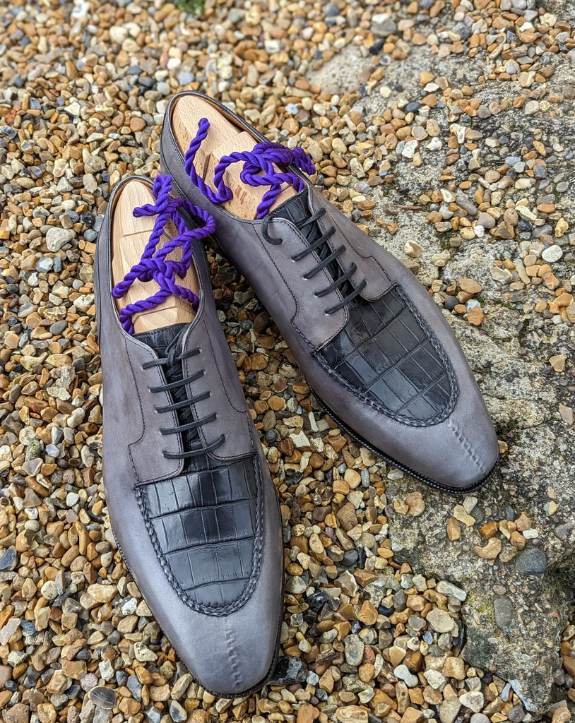 Men's Leather Shoes - Grey Calf & Grey Crocodile