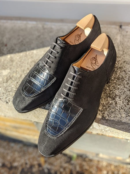 Men's Leather Shoes - Black Suede & Black Crocodile