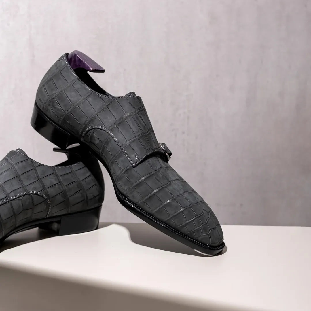 Nubuck Alligator Double Buckle Monk Shoes