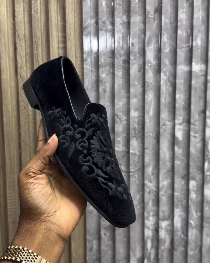 Embroidered Suede Black Loafer