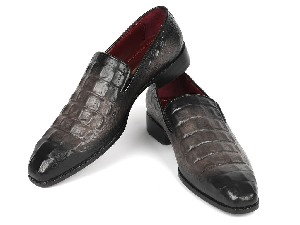 Gray Crocodile-grain Leather Loafers