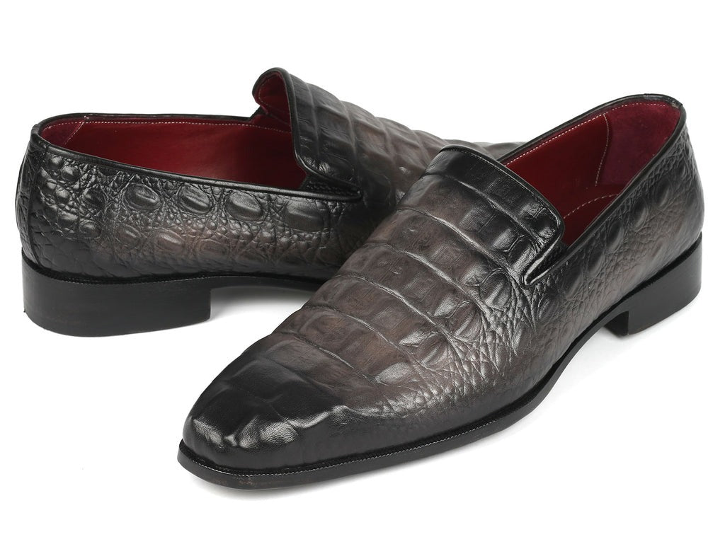 Gray Crocodile-grain Leather Loafers