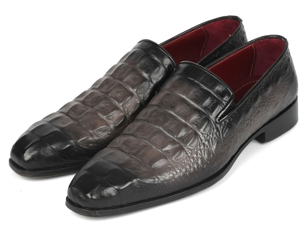 Gray Crocodile-grain Leather Loafers