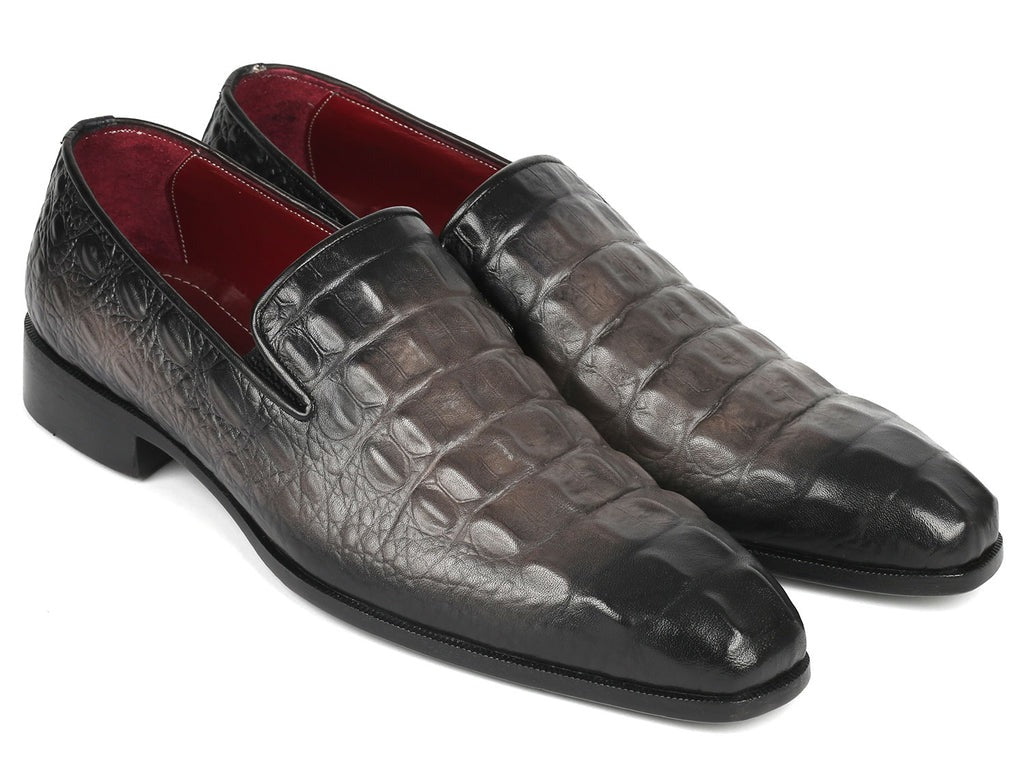 Gray Crocodile-grain Leather Loafers