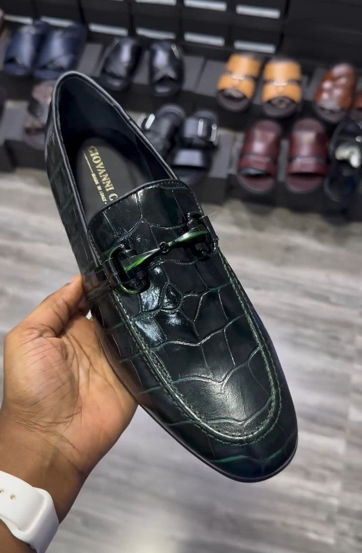 Black Leather Green Crackle Loafers
