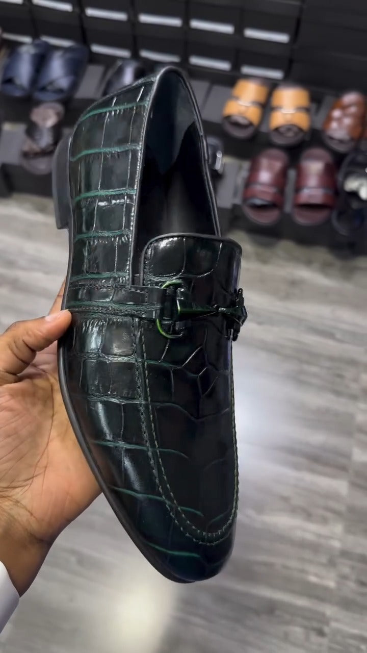 Black Leather Green Crackle Loafers