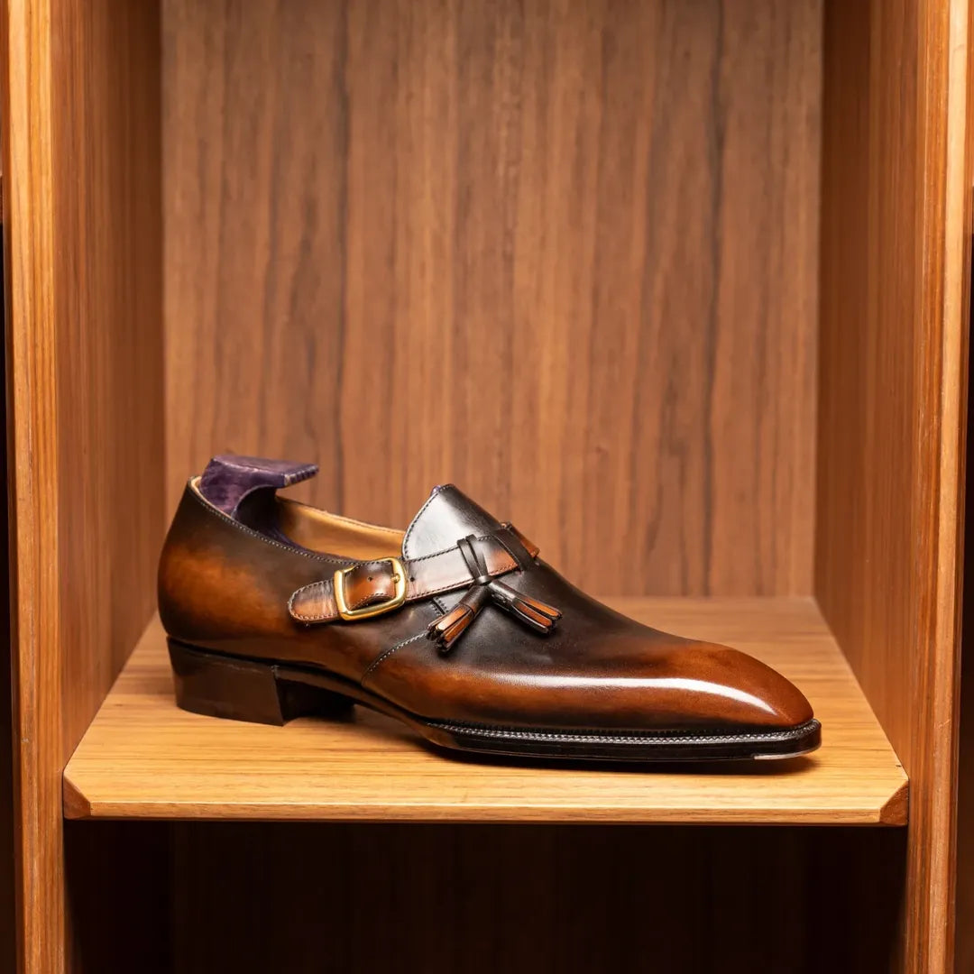 Brown Leather Single Buckle Monk Shoes