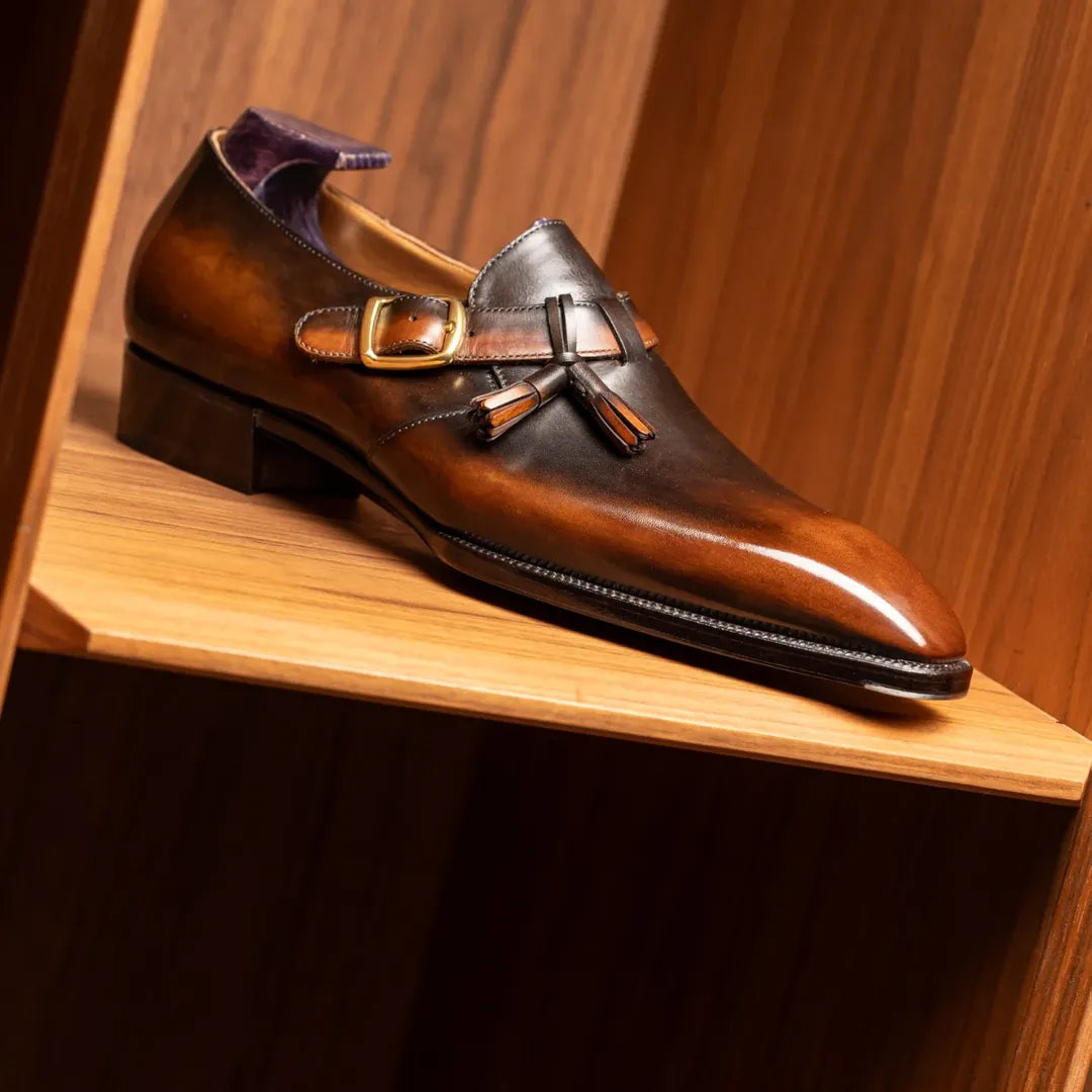 Brown Leather Single Buckle Monk Shoes