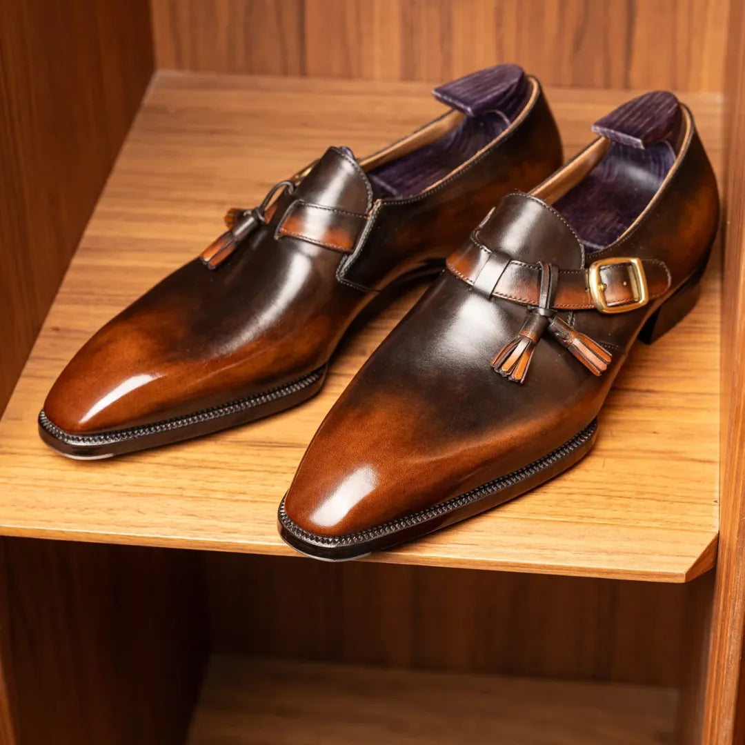 Brown Leather Single Buckle Monk Shoes