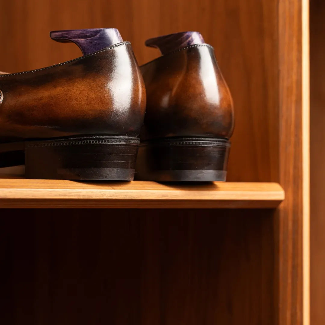 Brown Leather Single Buckle Monk Shoes