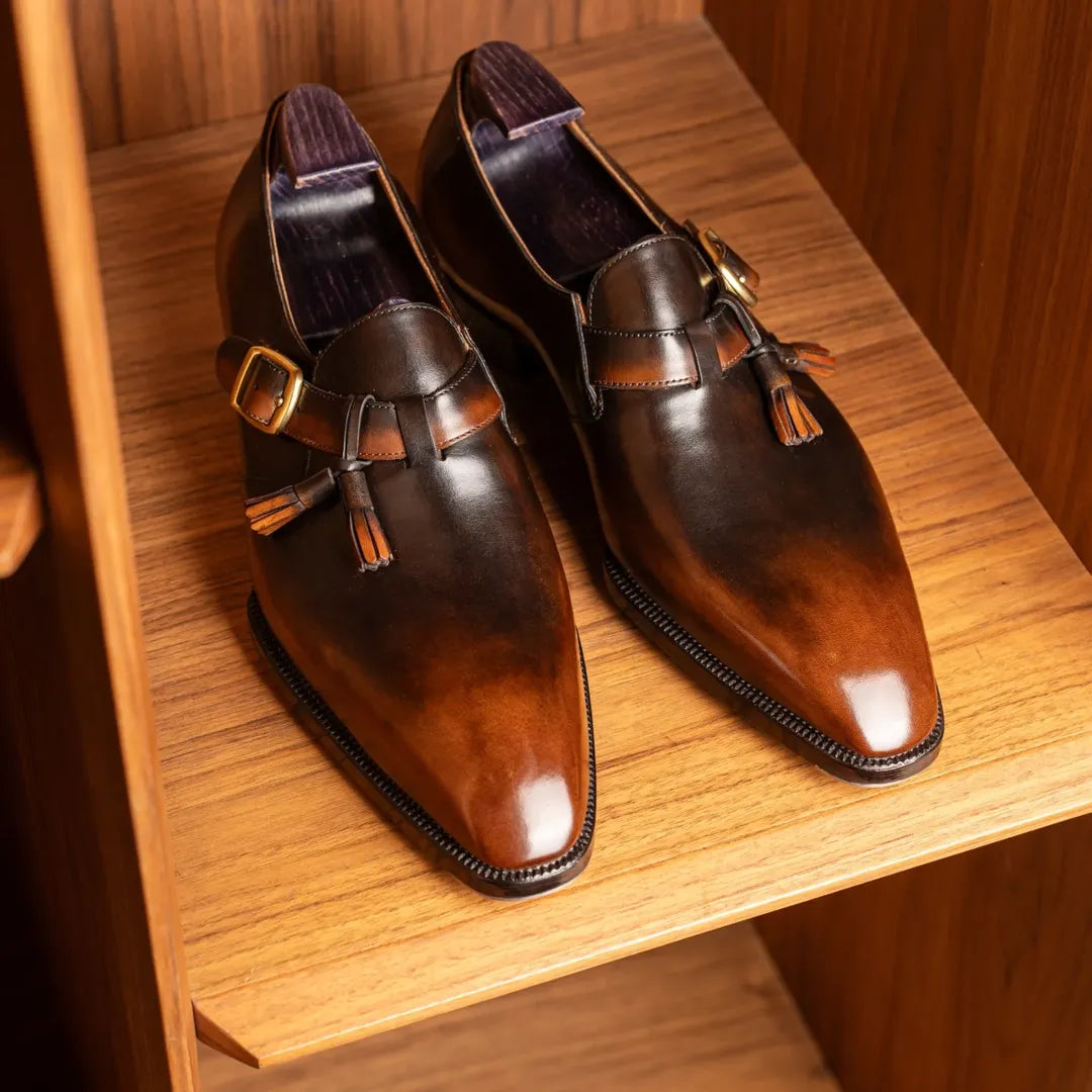 Brown Leather Single Buckle Monk Shoes