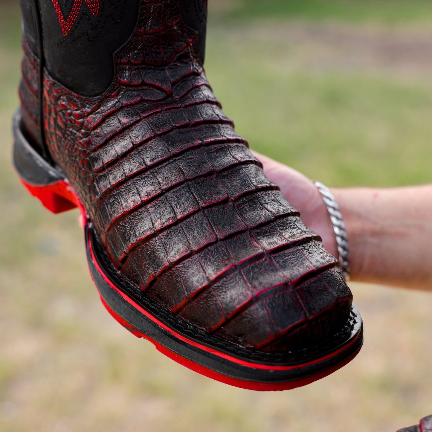 Black Cherry Caiman Belly Leather Boots - 3D Sole Composite Toe