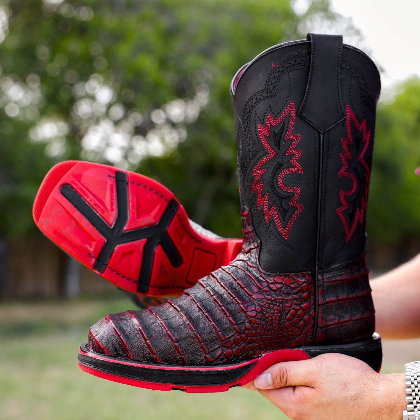 Black Cherry Caiman Belly Leather Boots - 3D Sole Composite Toe