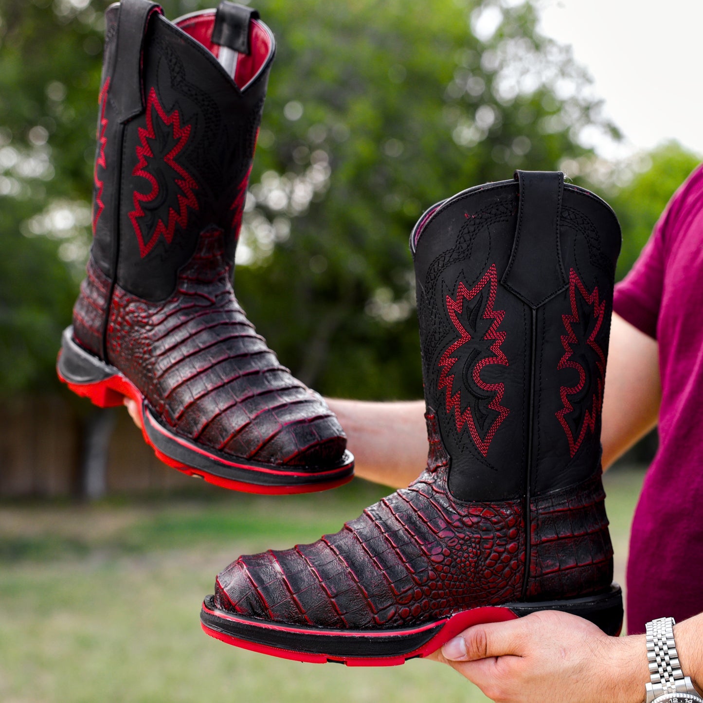 Black Cherry Caiman Belly Leather Boots - 3D Sole Composite Toe