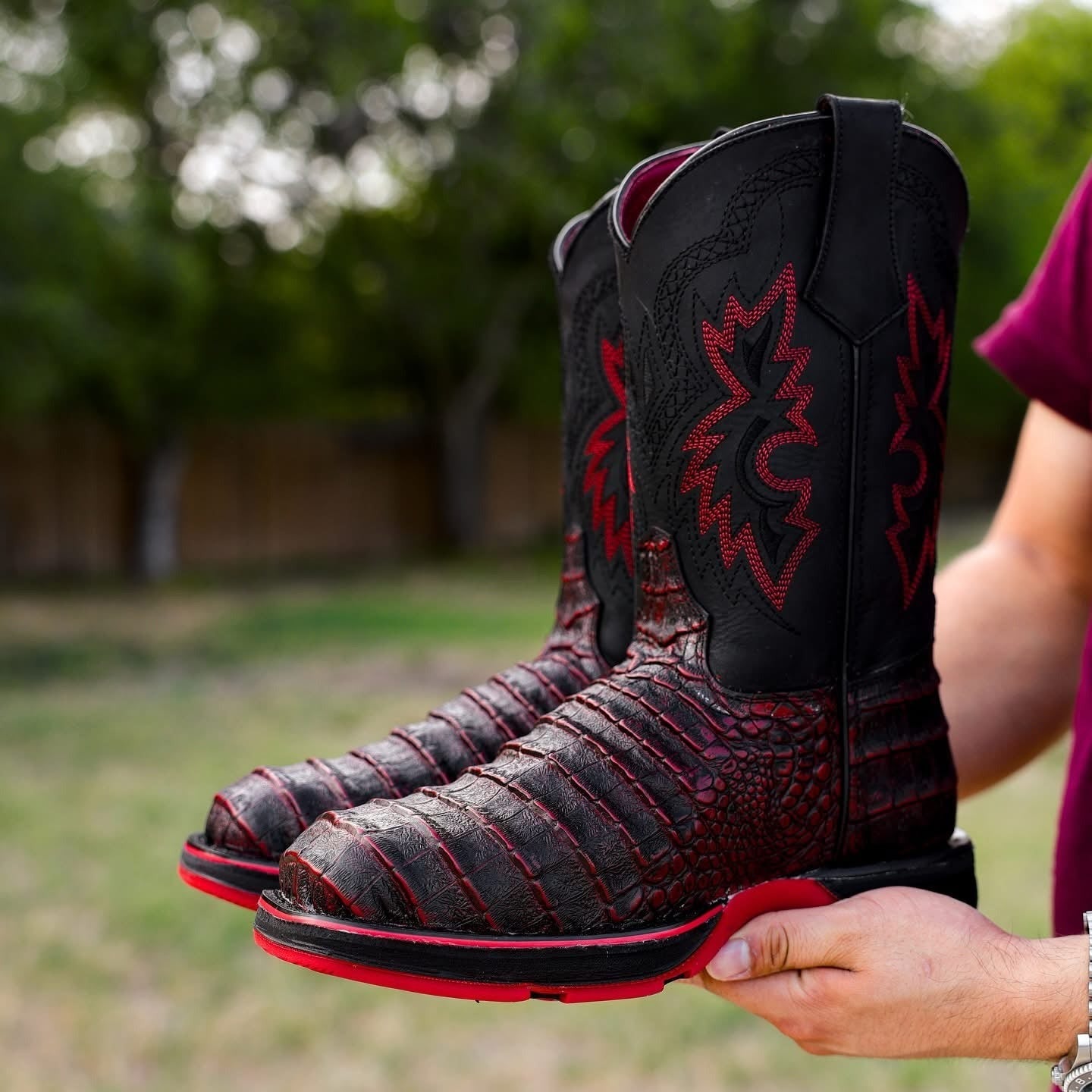 Black Cherry Caiman Belly Leather Boots - 3D Sole Composite Toe