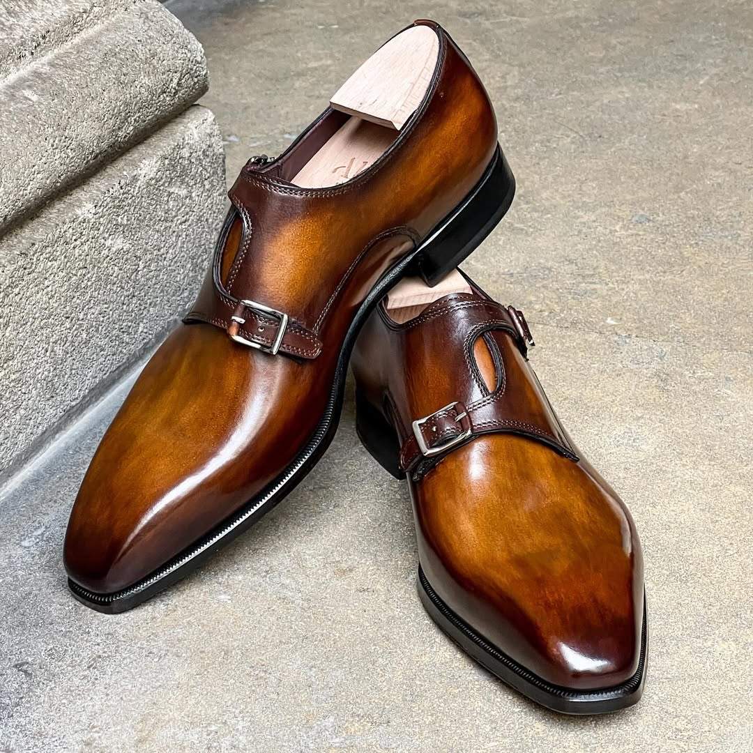 Brown Asymetrical Double Monk Straps Shoes