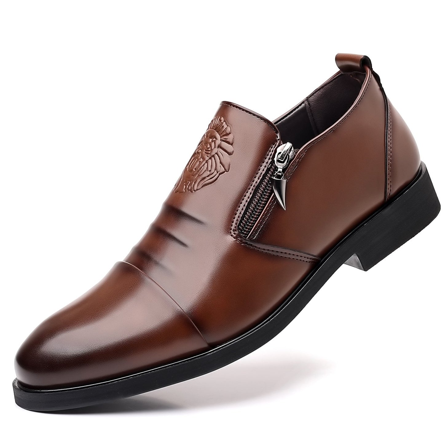 Men's Lion Head Zipper Pointed Toe Leather Shoes