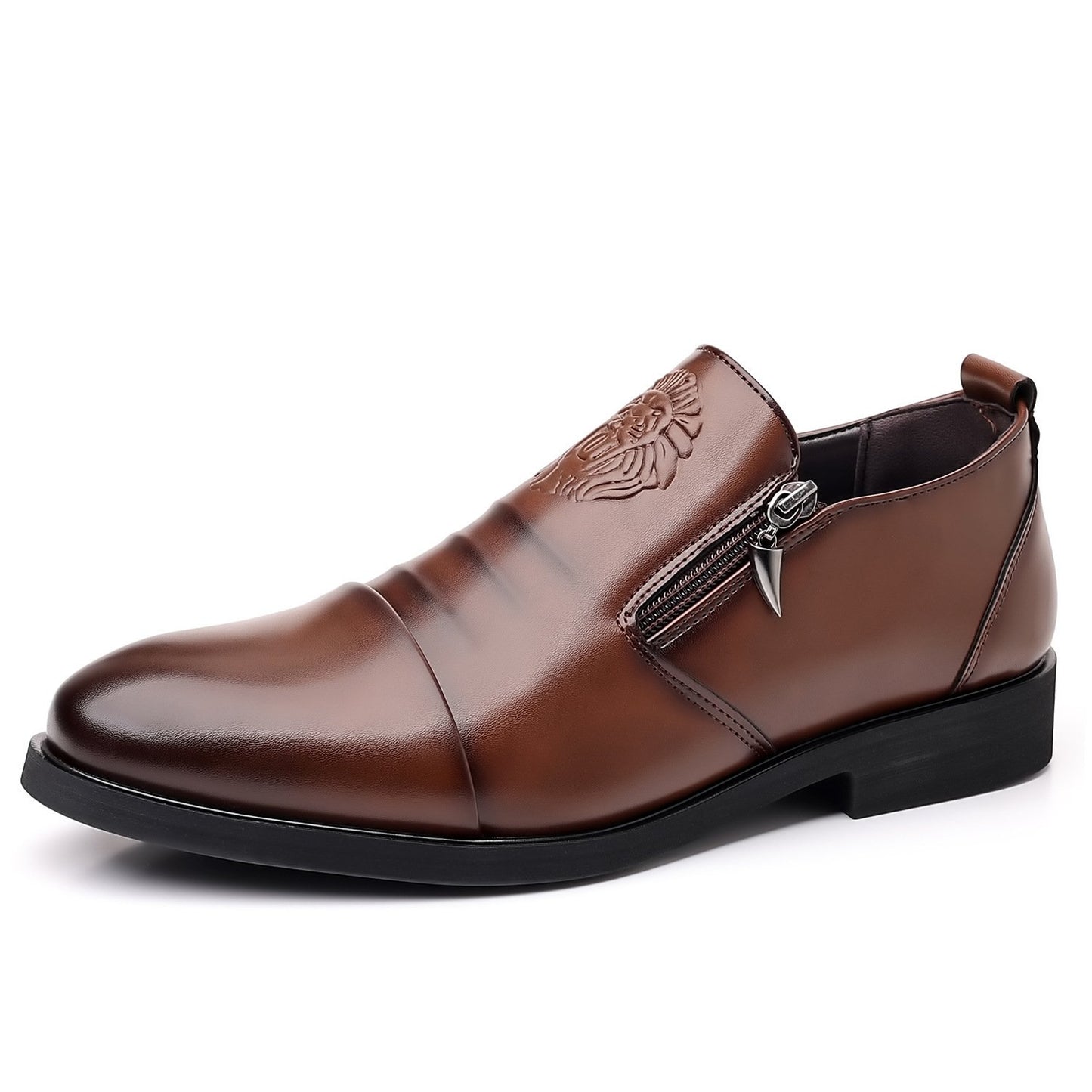 Men's Lion Head Zipper Pointed Toe Leather Shoes