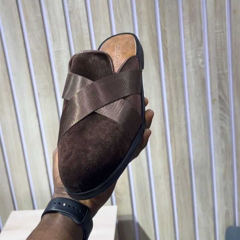 Handmade Men's Suede Brown Half Slippers