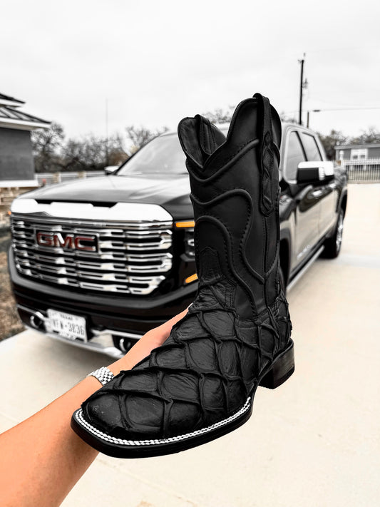 Matte Black Pirarucu Leather Boots - Square Toe