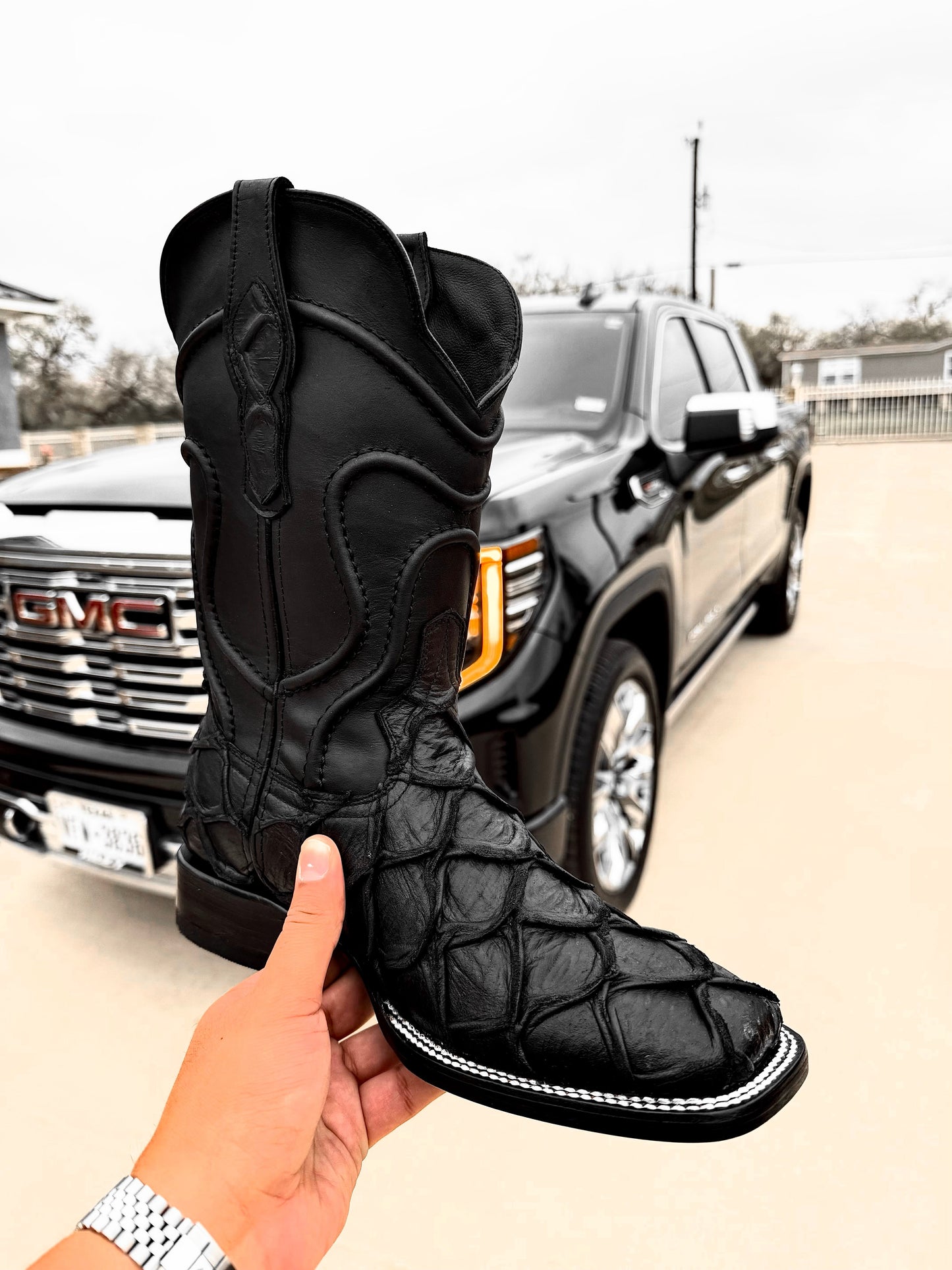 Matte Black Pirarucu Leather Boots - Square Toe