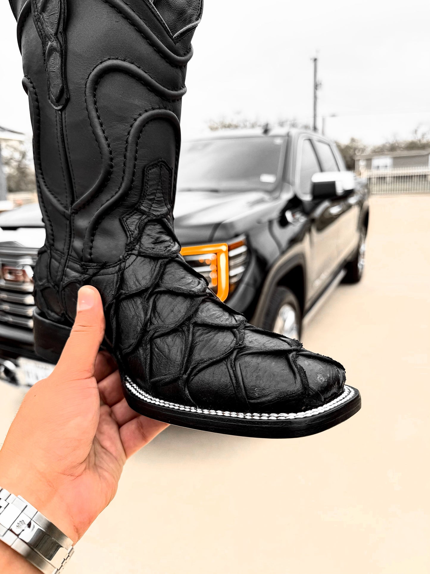 Matte Black Pirarucu Leather Boots - Square Toe