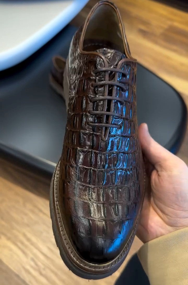 Men's Crocodile Leather Coffee Casual Shoes