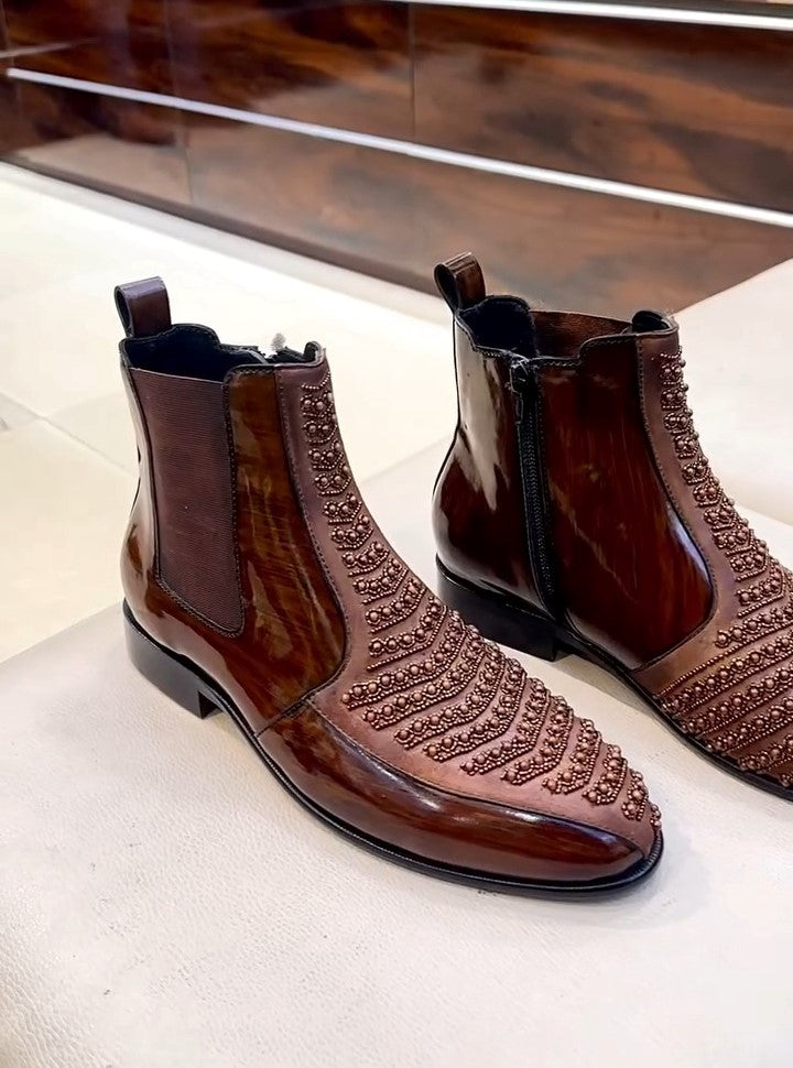 Men's Brown Beaded Boots