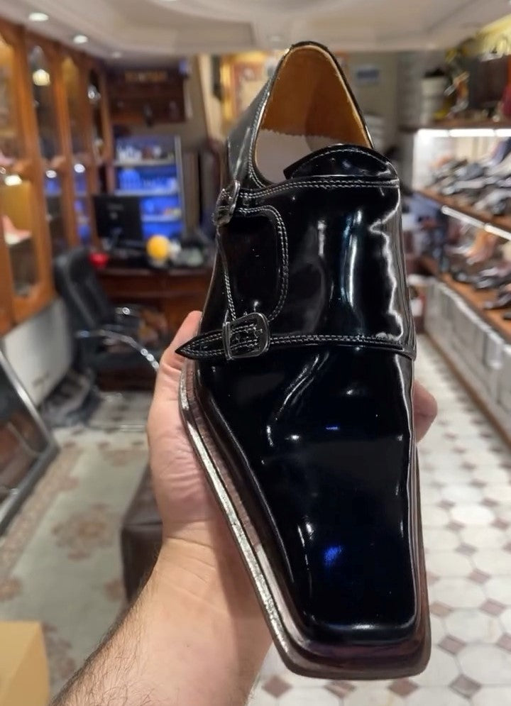 Black Full Leather Men's Square Toe Shoes