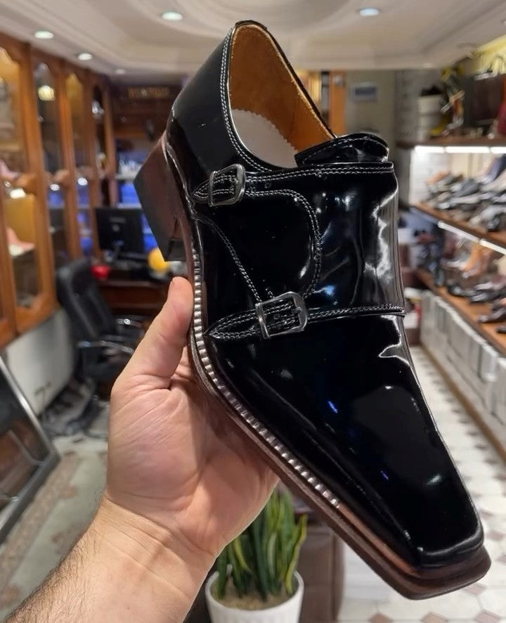 Black Full Leather Men's Square Toe Shoes