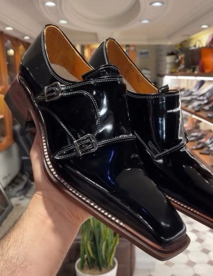 Black Full Leather Men's Square Toe Shoes