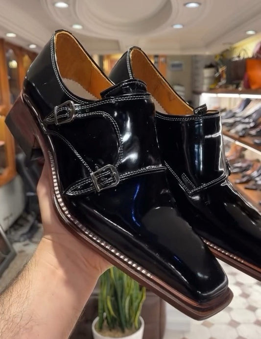 Black Full Leather Men's Square Toe Shoes