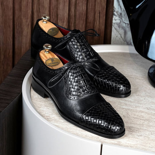 Men’s Black Woven Leather Cap Toe Oxford Shoes
