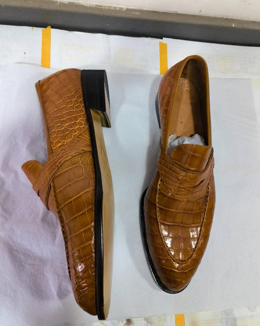 Crocodile Leather Brown Handmade Loafers